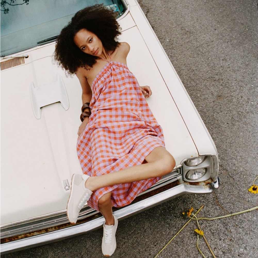 Zara Purple Orange Plaid Strapless Halter Maxi Dress Size XSmall with Pockets